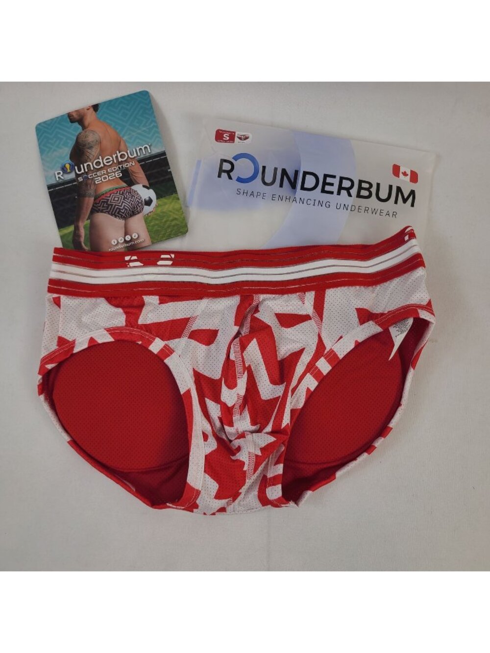 NEW Rounderbum Soccer Edition 2026 Padded Brief Red & White Size S